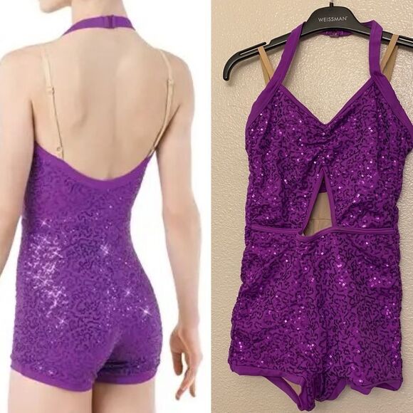WEISSMAN Elite Dance Costume purple Sequin Biketard With Cutout SQ10249 LC - Picture 1 of 10